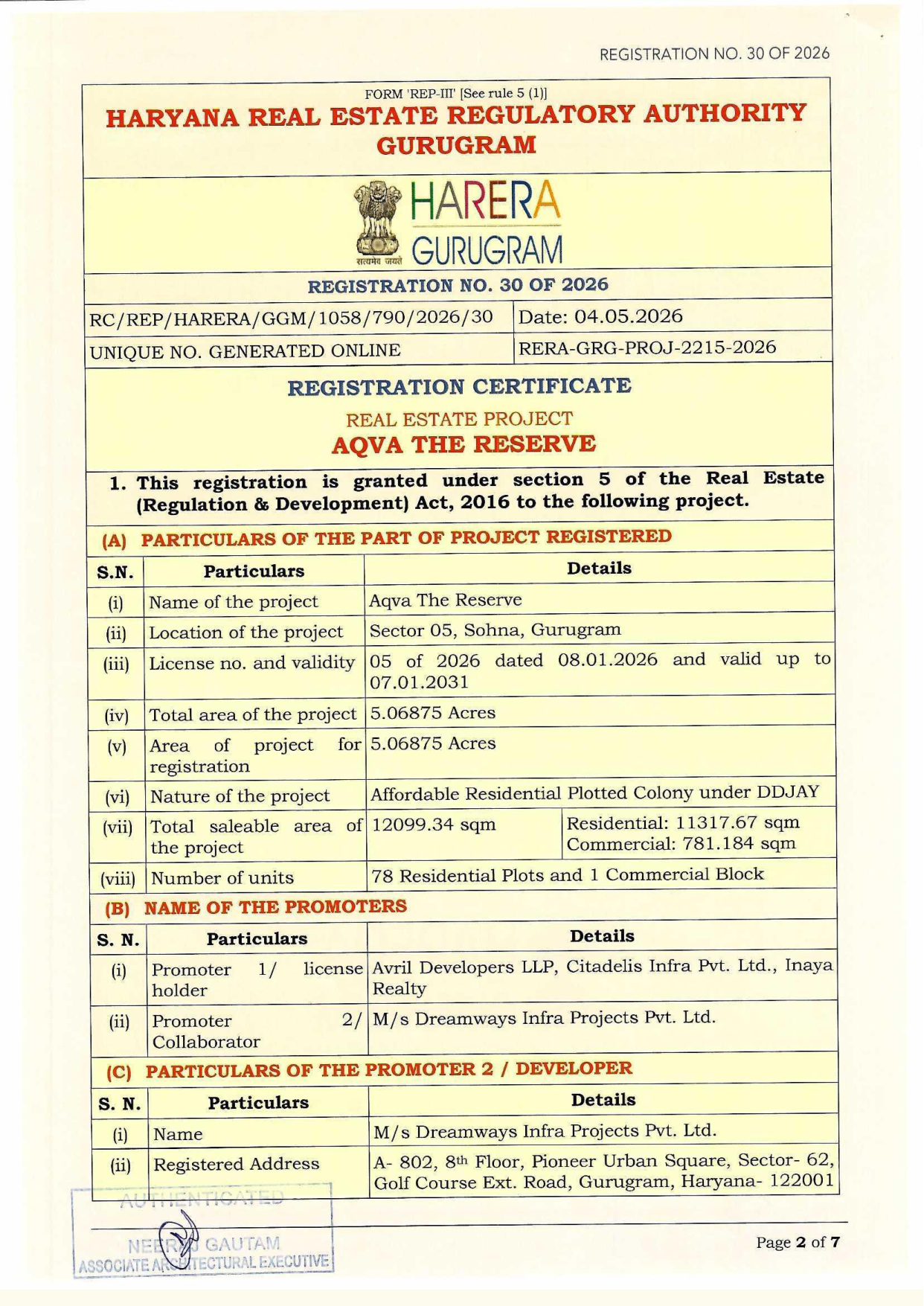 RERA Registration Certificate — AQVA The Reserve, Sector 5, Sohna, Gurugram